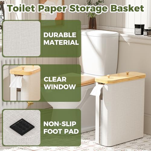 42L Toilet Paper Basket with Bamboo Lid, Toilet Paper Storage with Toilet Paper Holder & Non-Slip Mat for Bathroom Organizer, Holds up to 19 Regular Rolls or 14 Mega Rolls, Collapsible & Stackable - color: Linen