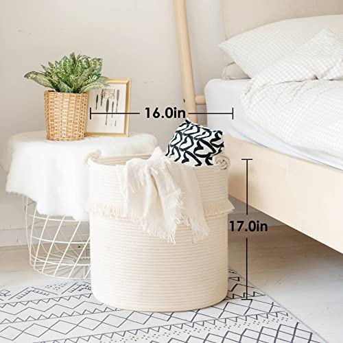 CherryNow Extra Large Woven Storage Baskets – 17'' x 16'' Cotton Rope Decorative Hamper for Magazine, Toys, Blankets, and Laundry, Cute Tassel Nursery Decor - Home Storage Container Off-white - color: Off-white, size: 50L (16"W x 17"H)