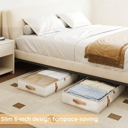 Vailando Under Bed Storage Containers, 6 Inches Tall 60L Underbed Storage Bins with Leather Handles and Sidewalls, Closet Organizer for Clothes, Blankets, Seasonal Items, Beige with Brown, 2-Pack - color: Leather Handles, size: 6 Inches Tall