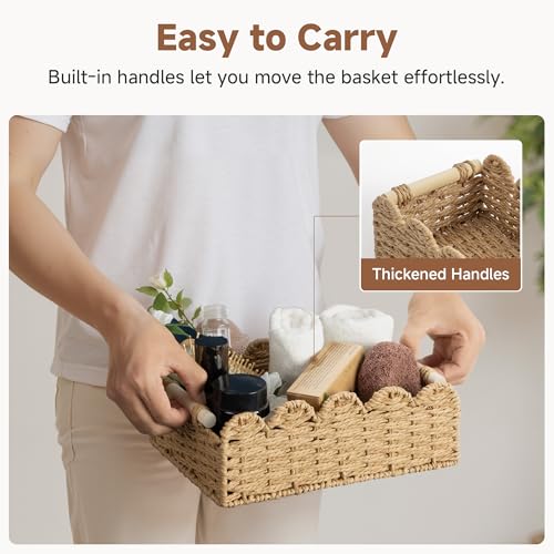 StorageWorks Toilet Paper Storage Basket, Living Room Organizers and Storage, Toilet Paper Basket with Wooden Handles, Small Paper Rope Scalloped Basket, Brown - color: Paper Rope(Brown), size: 11¾" L × 7¾" W × 4" H