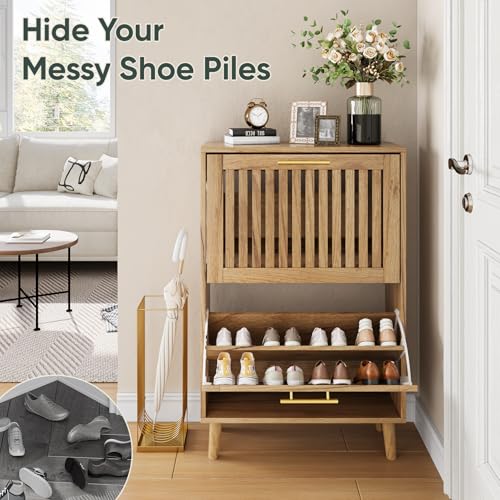 Smart FENDEE Shoe Cabinet with 2 Flip Slatted Drawers, Farmhouse Slim Shoe Organizer Rack with Golden Handles, Freestanding Hidden Entryway Storage for Hallway, Natural Oak - color: Natural Oak, size: 23.62" W