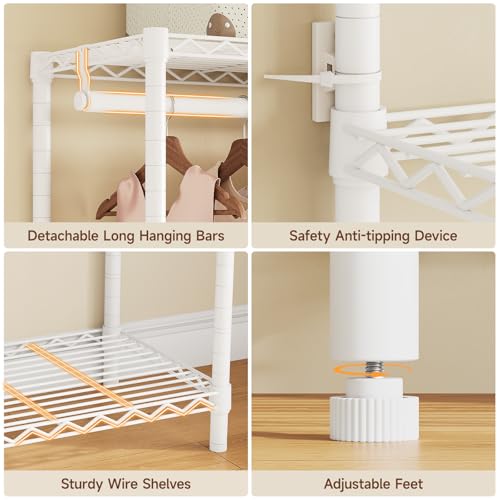 ONBRILL F5 Extra Large Industrial Pipe Clothing Rack, Freestanding Portable Closet Organizer System with Shelves & Hanging Rods, 88.6'' Wide Heavt Duty Clothes Rack, Max Load 1300lbs, White - color: White