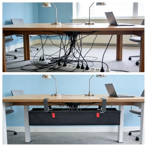 Under Desk Cable Management No Drill – 28" L x 6" W Cord Organizer, Upgraded Silicone Pads (No Scratch), 16 Cable Slots, Washable PE Honeycomb Base, Fits Desks 0–2.1" Thick, Beige - color: Beige, size: Upgraded with Enhanced Features-28"L x 6"W