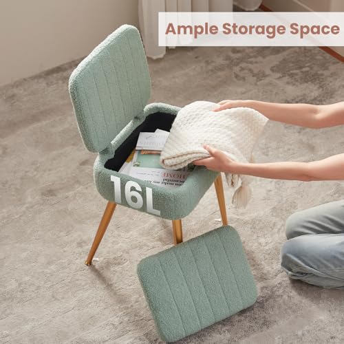 Updated Vanity Chair, Storage Ottoman with Folding Back & Gold-Toned Metal Legs, Ottoman Seat with Teddy Velvet for Dressing Room Living Room Bedroom, 15" x 12" Inch - color: Green, size: 15" x 12"
