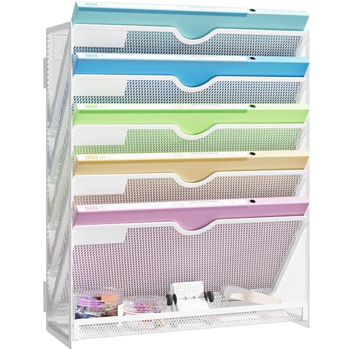Hanging Wall File Organizer 6-Tier Wall Mount Mail Organizer & Desk Paper Organizer, Sleek White Metal File Folder Holder for Office, Cubicle, Bedroom | All-in-One Document Storage Shelf - color: White-1pack