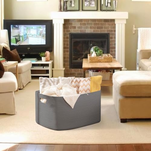 OIAHOMY XXLarge Rectangle Blanket Basket-96L, Cotton Woven Basket for Storage, Dirty Clothes Basket for Living Room, Nursery, Bedroom, Toy Organizing with Handle, 24" x 16" x 15", Dark Grey - color: Dark Grey, size: 24”x16”x15”