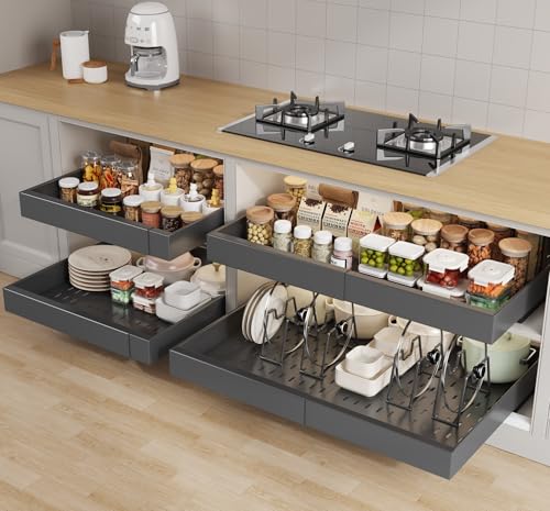 Seinloes 4 Pack Pull out Cabinet Organizer 21" Deep With Raising Pad for Framed Cabinets,Expandable (15.2"-26.3"W) Slide out Drawers for Kitchen Cabinets with 4pcs Divider Racks,Roll out Shelves,Black - color: Black, size: 15.2"-26.3"W x 21"D(4Pack)