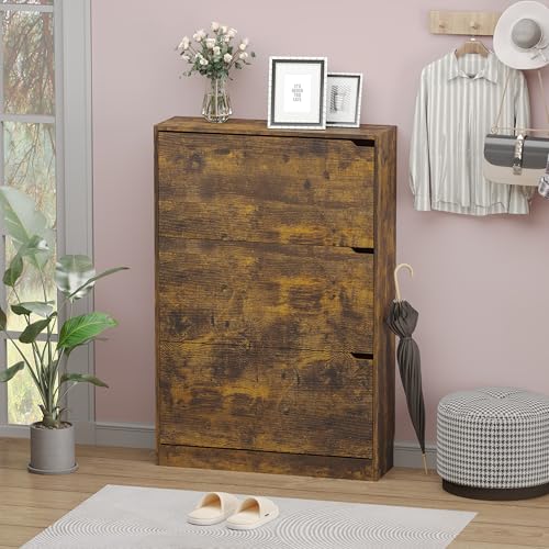 BORNOON Shoe Cabinet with 3 Flip Drawers, Hidden Wood Shoe Cabinet,Freestanding Shoe Storage Cabinet for Entryway Hallway - color: Brown, size: 3 Drawers