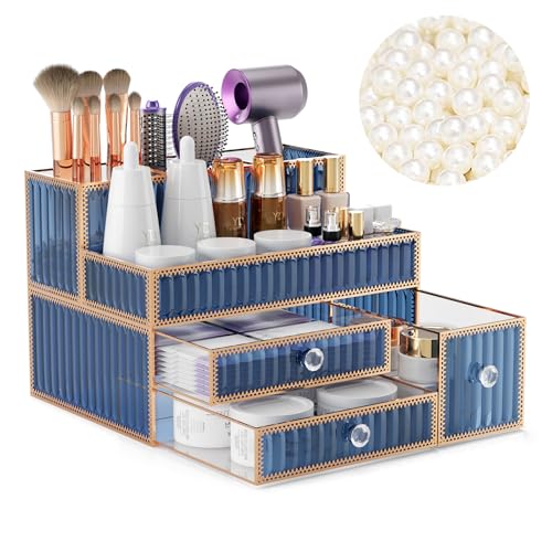 Makeup Organizer Blue - Tempered Glass Vanity Organizer for Cosmetics, Skincare, Hair Tools, Brushes, Perfume - Multipurpose Bathroom Counter Skincare Organizer - color: blue
