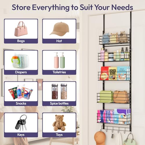 SWTYMIKI Over The Door Organizer - Door Organizer Hanging with 5 Adjustable Metal Large Capacity Basket and 6 Coat Hook, Wall Mounted Shelf for Bedroom Closet Bathroom Laundry Pantry Cabinet Kitchen - color: Black