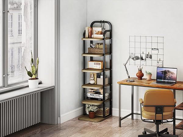 ITEFDTUTNE 6 Tiers Vertical Shoe Rack, Narrow Shoe Tower Adjustable Shelves Wooden Tall Shoe Rack with 2 Hooks, Corner Shoe Storage Organizer for Small Spaces, Entryway, Living Room - color: Light Brown-6 Tiers