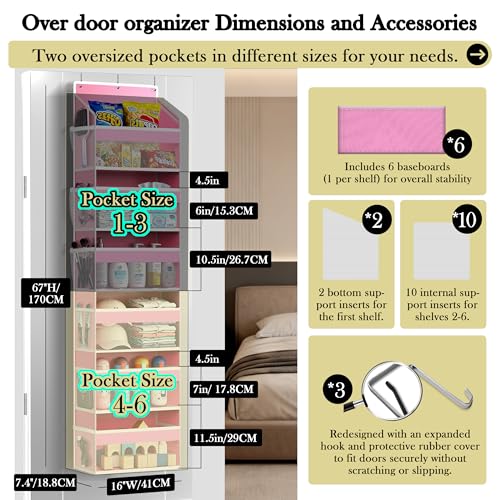 PAULONE 1 Pack Heavy Duty Over the Door Organizer, 6 Large + 12 Mesh Pockets with 89 lbs Capacity, Space-Saving Hanging Storage for Shoes, Toys, Bedroom & Closet (6-Layer Pink) - color: 6-Layer Pink