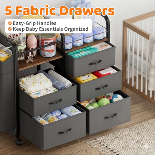 Baby Diaper Caddy Organizer Cart - Bedside Cart with Drawers & Side Storage, Nursery Essentials Stuff & Clothes Organization, 3 Tier Rolling Carts with Wheels for Nursery, Bedroom, Easy to Assemble