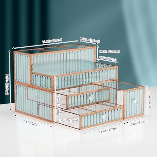 Makeup Organizer Countertop - Tempered Glass Vanity Organizer for Cosmetics, Skincare, Hair Tools, Brushes, Perfume - Multipurpose Bathroom Counter Skincare Organizer - color: green