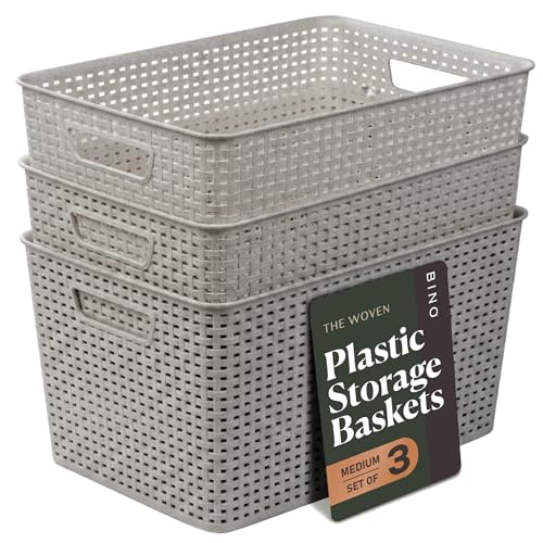BINO | Plastic Storage Baskets, 22 Liter - 3 Pack, Natural Grey | THE WOVEN COLLECTION | Storage Basket for Shelves | Woven Storage Baskets for Organizing Bins | Pantry Shelf Organizer | Container Bin - color: Natural Grey, size: 22L | 3-Pack