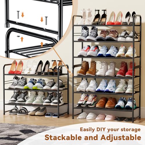 Shoe Rack, Closet Metal 27 Inch Wide 3 Tier Metal Shoe Organizer for Entryway, Stackable & Adjustable, Black