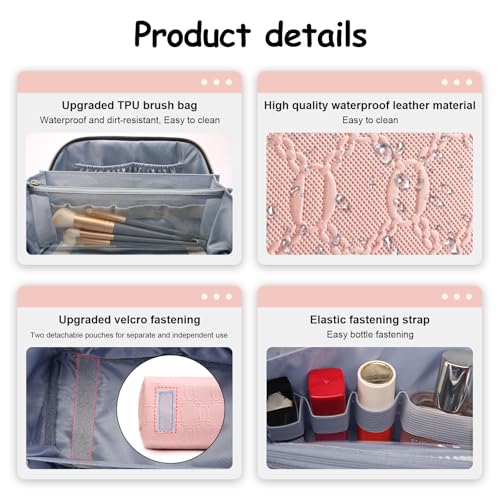 BOYATU Travel Makeup Bag for Women: Cosmetic Organizer Bag with Compartments - Leather Make up Bags Set of 3 (G-3-Pink) - color: G-3-Pink