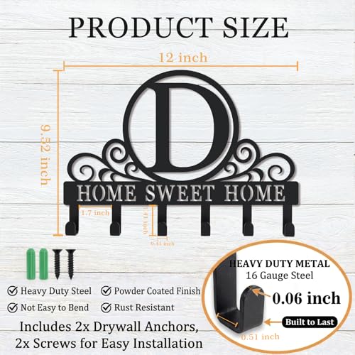 Metal Letter D Key Holder for Wall, Monogram Coat Rack Wall Mount, Key Hooks Perfect for Bathroom, Living Room, Kitchen, Office Ideal Wedding, Anniversary, Housewarming Gift (D) - style: D