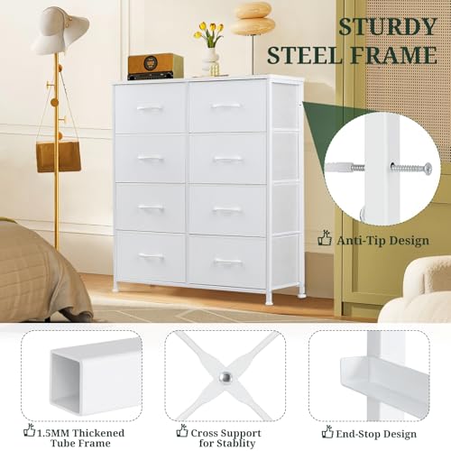 8-Drawer Dresser for Bedroom, Anti-Tip Tall Storage Organizer Chest of Drawers with Wooden Top and Metal Frame Fabric Bins for Closet, Living Room, Hallway, Entryway, White - color: White, size: 11.8"D x 31.4"W x 36.3"H (8 Drawers)