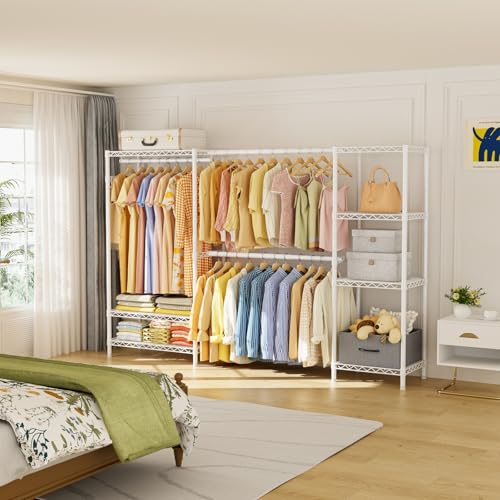 Golpart Coat Rack Clothes Wardrobe：Closet Organizer and Storage Clothing Garment Rack with Shelves Heavy Duty for Hanging Clothes Portable Adjustable White 15.8" Dx(70-88.5)" Wx76.5 H - color: White, size: 15.8"Dx(70-88.5)"Wx76.5"H