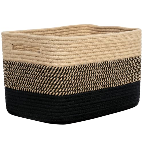 Storage Baskets for Organizing, 14 x 10 x 9” Closet Shelf Woven Baskets, Square Bins with Handles, Cotton Rope Basket for Toys, Clothes, Office, Room, Black+Brown 1Pack - color: Black+Brown, size: 1pc