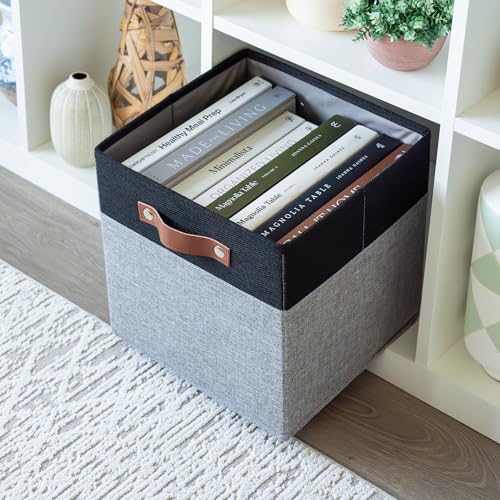 OrganiHaus 11" x 11" x 11" Fabric Cube Storage Bins - Set of 4, Canvas Cubby Bins with Vegan Handles, Square Storage Cubes, Kallax Storage Cubes, 11 Inch Cubic Baskets for Shelves in Gray/Black - color: Gray Base / Black, size: (11x11) Leather Handles