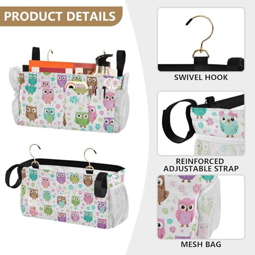 Bedside Caddy Hanging Bunk Bed Caddy Bed Organizer Hanging Pocket with 2 Hooks Bedside Storage Organizer Pocket Bag Holder Colorful Owls and Flowers - color: Colorful Owls and Flowers