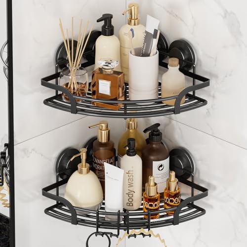 LEVERLOC 2 Pack Strong Suction Cup Corner Shower Caddy, Large Capacity Removable Bathroom Organizer, Stainless Steel Rustproof Shower Shelves with Hook, Drill-Free Wall Mounted Suction Basket, Black - style: Corner 90°, Black