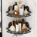 LEVERLOC 2 Pack Strong Suction Cup Corner Shower Caddy, Large Capacity Removable Bathroom Organizer, Stainless Steel Rustproof Shower Shelves with Hook, Drill-Free Wall Mounted Suction Basket, Black - style: Corner 90°, Black