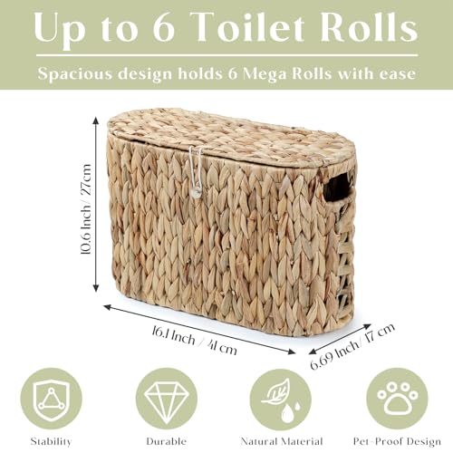 YANGQIHOME Toilet Paper Storage, Water Hyacinth Toilet Paper Storage with Lid, Papers Container for up to 6 Mega Rolls, Bathroom Basket Organizer - size: 6 Rolls