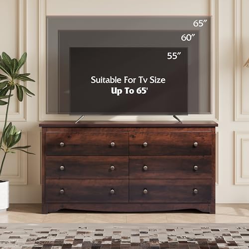 WLIVE Wooden Dresser for Bedroom, 6 Drawers Chest of Drawers, 59" Wide Modern Dresser Closet Storage Organizer for Living Room Hallway, Brown - color: Brown, size: 6 Drawers