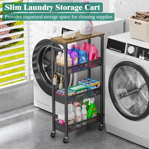 Giwil Slim Rolling Storage Cart 4 Tier Bathroom Organizer Mobile Shelving Unit Utility Cart with Wood Top and Handle for Kitchen Laundry Narrow Places, Black - color: Black, size: 4 Tier (W-7.1IN)