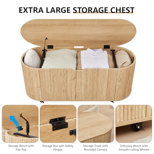 Fluted Storage Bench with 4 Wheels, 43.3” Oval Storage Chest with Safety Hinges, Modern Wooden End of Bed Bench, Large Storage Trunk Toy Chest with Lift Top for Entryway Bedroom Living Room, Natural - color: Natural