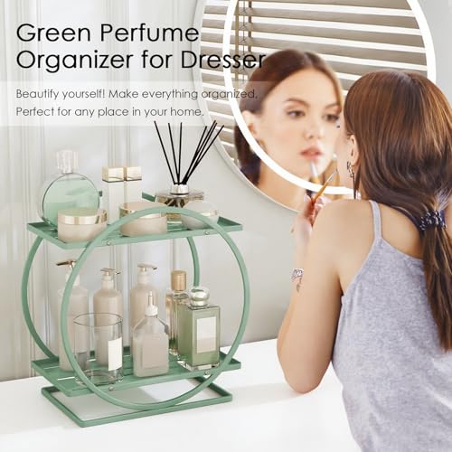 Green Perfume Organizer for Dresser, 2-Tier Bathroom Counter Organizers, Elegant Round Makeup Organizer for Vanity, Versatile Bathroom Tray Countertop Shelf, Compact Skincare Storage - color: Green