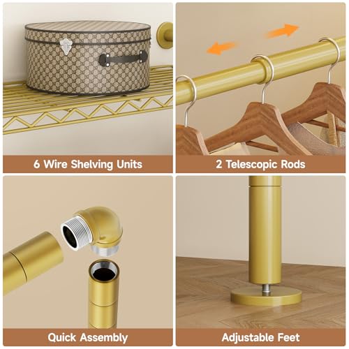 Wall Mounted Garment Rack, Walk-in Closet System with Expandable Rods, Adjustable Shelves, Industrial Pipe Clothing Racks, Hanging Clothes Organizers and Storage, Metal Closet Shelving Wardrobe - color: Gold
