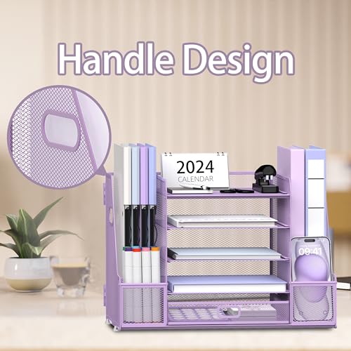 SUPEASY Mesh Desk Organizer with File Holder, 5-Tier Paper Letter Tray Organizer with Magazine Holder, Desktop Organizer and Storage with Drawer for Office Supplies Home or School (Purple) - color: Purple