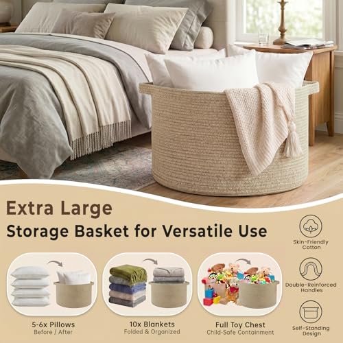 OIAHOMY 90L Blanket Basket for Living Room, Large Basket 23" x 23" x 13" with Handle, Laundry Hamper for Blankets, Pillows, Toy Storage for Kids, Dogs - Brown - color: Brown, size: 23" x 23" x 13"