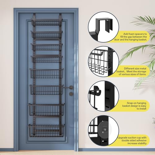 Over The Door Pantry Organizer, 8-Tier Over The Door Organizer with Adjustable Baskets, Metal Hanging Spice Rack for Pantry Organizers and Storage, Suitable for Kitchen Laundry Room & Bathroom, Black - color: Black