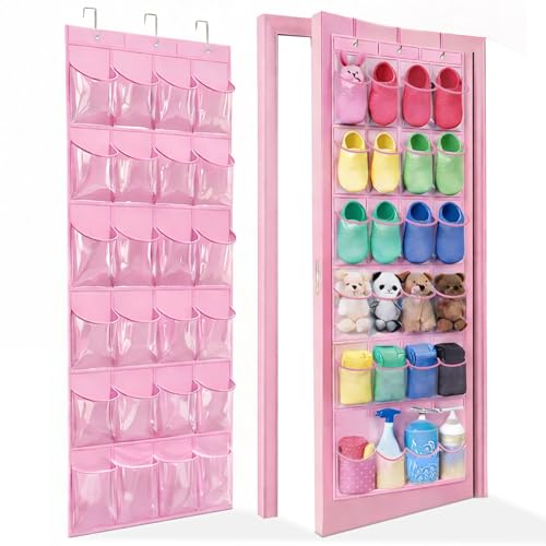 Over-the-Door Kids Shoe Organizer, Pink Shoe Rack for Door, 24 Crystal Clear Pockets, Heavy-Duty Hanging Organizer, 3 Metal Hooks for Toddler Shoes - color: Pink, size: 1pc
