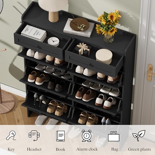 Thacuok Shoe Cabinet with 6 Flip Drawers & 2 Storage Drawers, Rustic Farmhouse Narrow Shoe Organizer Cabinet, Slim Shoe Rack Cabinet, Shoe Storage Cabinet for Entryway, Hallway, Front Door - color: Black, size: 6 Drawers