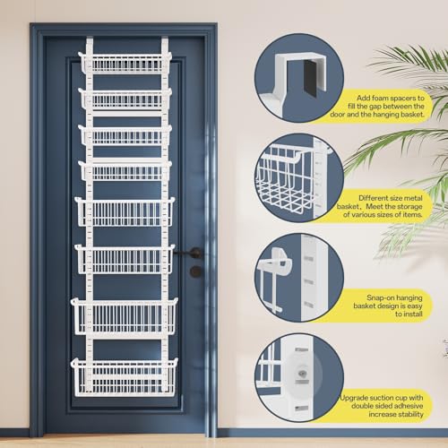 Over The Door Pantry Organizer, 8-Tier Over The Door Organizer with Adjustable Baskets, Metal Hanging Spice Rack for Pantry Organizers and Storage, Suitable for Kitchen Laundry Room & Bathroom, White - color: White