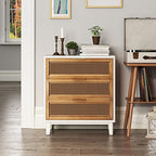 COZAYH Farmhouse 3-Drawer Nightstand, Rattan Cane Front Accent Dresser with Brass Pull, Distressed White - color: Distressed White, style: 3 Drawer/1 pack
