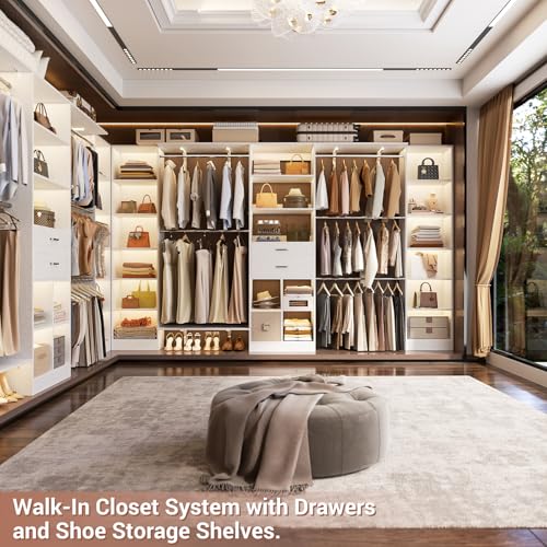 Besiost Closet System - 9.4FT/112" Closet Organizer System with Wooden Drawers,Closet Systems for Walk-In Closets with Hang Rods and Open Cabinet - color: White, size: 9.4FT