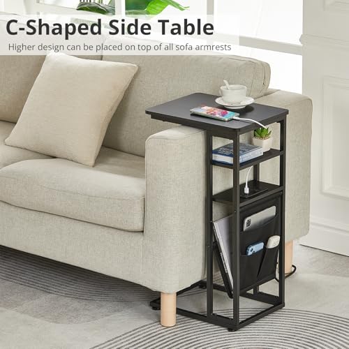 C Shaped End Table with Charging Station, 28"(H) 3-Tier C Table with Storage Bag, Under Couch Table C-Shaped End Table with Storage Shelves and Bag for Living Room, Bedroom, or Office - color: Black, size: Wood--with Socket