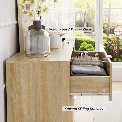 VOWNER Fluted 6 Drawers Dresser for Bedroom, 54" Wide Modern Chest of Drawers with Metal Handle, Closet Clothes Storage Organizer, Wood Dresser TV Stand for Living Room, Closet, Hallway, Entryway - color: Oak