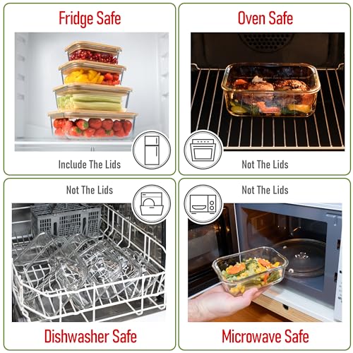 Set of 4 Stackable Space-Saving Nesting Glass Containers with Airtight Bamboo Lids - Lunch, Meal & Food Prep - Microwave & Oven Safe BPA Free Durable Heat Resistant Inert Borosilicate Glass - color: 4 Containers with Bamboo Lids