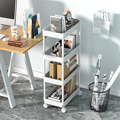 Sooyee 4 Tier Wide Storage Cart Mobile Shelving Unit Organizer Slide Out Storage Rolling Utility Cart Tower Rack for Kitchen Bathroom Laundry, Plastic & Stainless Steel,White - color: White, size: Wide