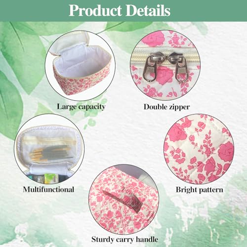 Pink Large Quilted Floral Makeup Bag Cute Soft Coquette Aesthetic Cosmetic Bag Cotton Travel Toiletry Bag for Women - color: A-Pink