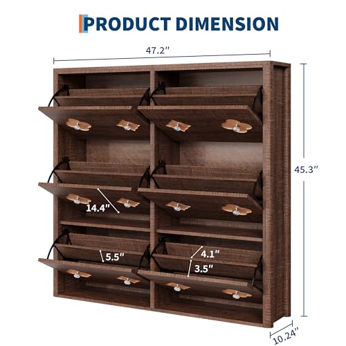 GarveeHome Shoe Storage Cabinet with 6 Flip Drawers, Narrow Wood Shoe Organizer Cabinet with Floral Pattern, Freestanding Slim Shoe Rack Cabinet with Adjustable Shelves, for Entryway, Hallway, Brown - color: Brownish-red, size: 6-Drawers