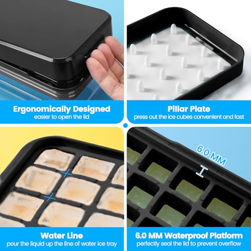 PHINOX Ice Cube Tray with Lid and Bin, 3 Pack Plastic Ice Cube Tray Molds, 84 pcs Ice Trays for freezer, Chilling Drinks, Whiskey & Cocktails, with Ice Container and Ice Scoop, BPA-Free - color: Black, size: 0.8"-3tier